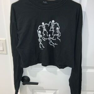 Brandy Melville Black Long Sleeve Crop Top with Skeleton Print